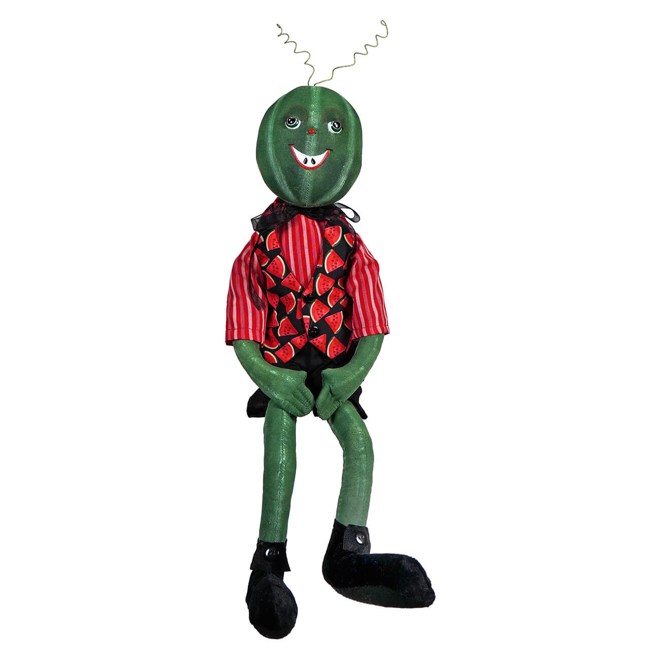 Whimsical watermelon character wearing a red striped jacket with heart pattern and black shoes.