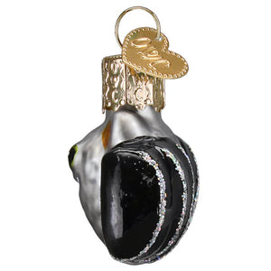 Silver and black glass mini bat ornament shaped like a boxing glove with glittery stripes christmas glass ornament