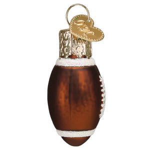 Brown glass mini football ornament with white stitching and gold heart tag perfect world christmas ornament