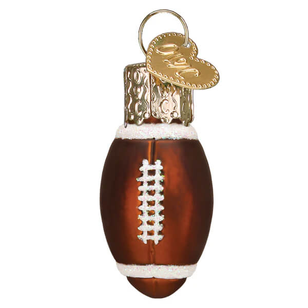 Brown glass mini football ornament with white laces and gold heart tag perfect world christmas ornament