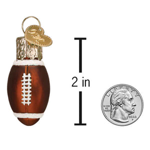 Brown glass mini football ornament with white laces, gold cap, and heart-shaped joy tag perfect world christmas ornament