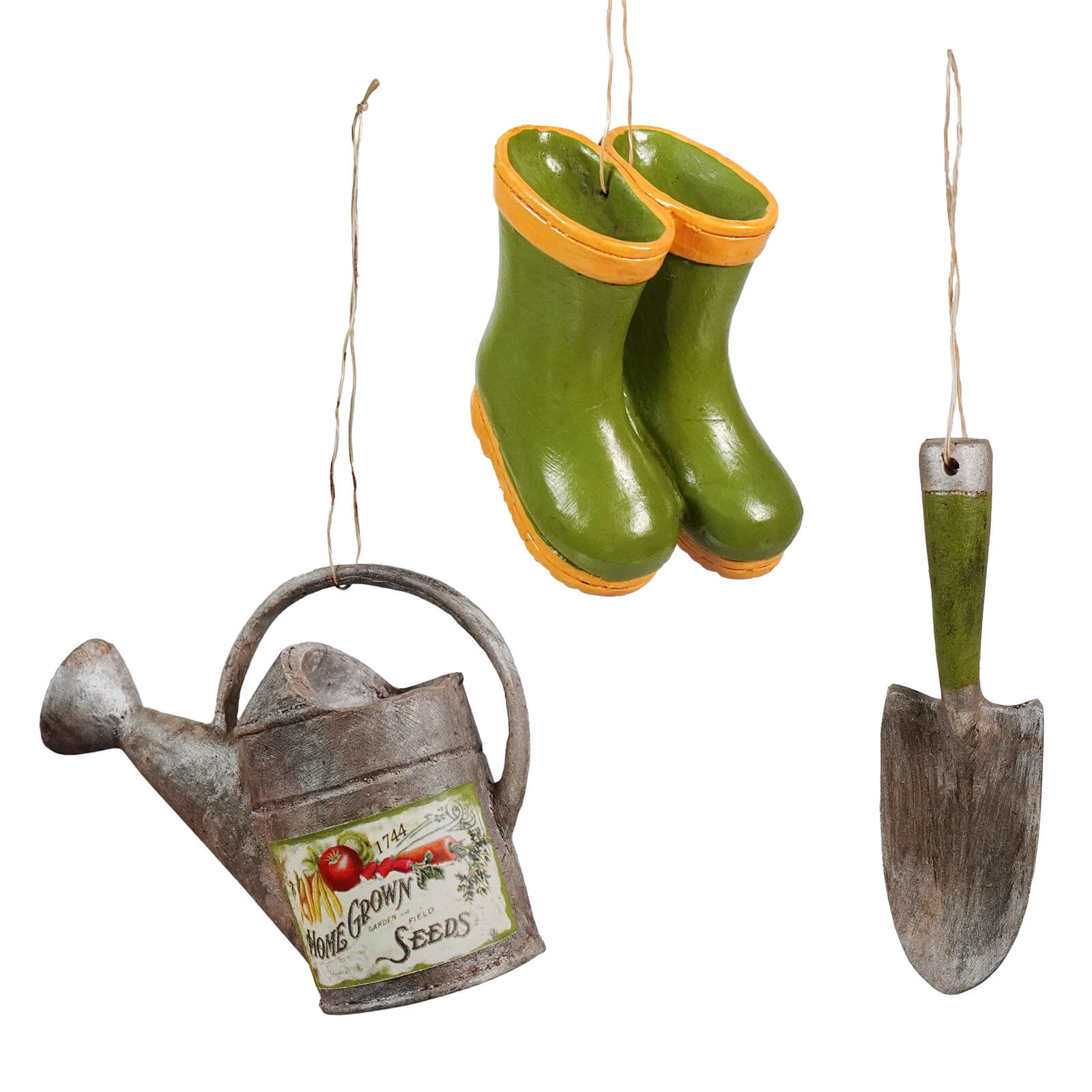 Green rubber boots with orange trim hanging from a string in bethany lowe designs mini garden ornaments set spreading holiday cheer