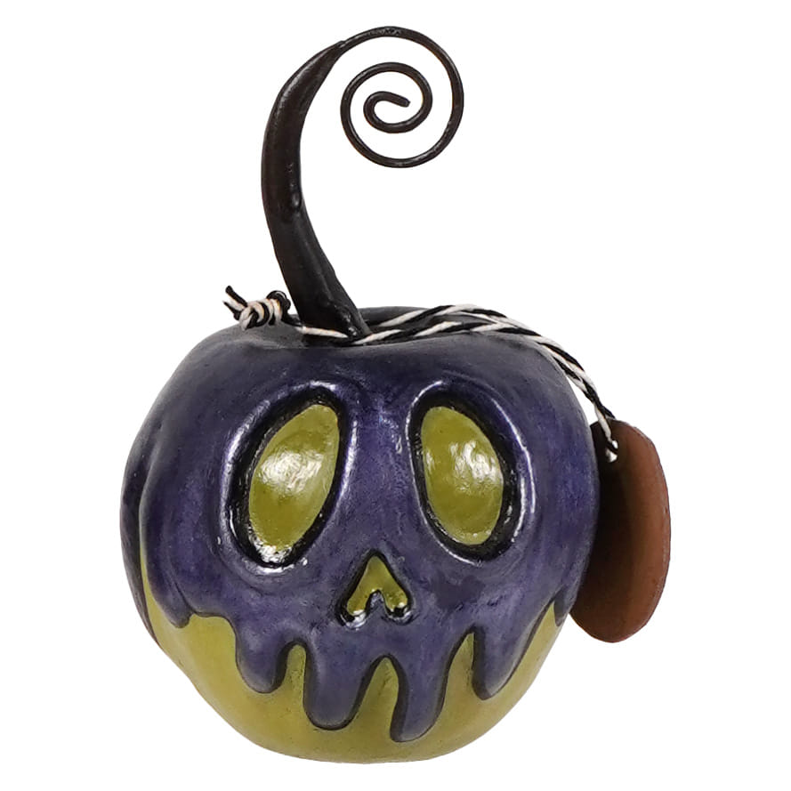 Mini green apple with purple poison ornament featuring a purple and green skull-faced pumpkin with a black spiral stem perfect for halloween bucket decor