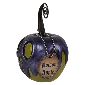 Mini green apple with purple poison ornament featuring a glossy finish and rustic tag for halloween bucket decor