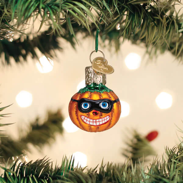 Mini masked jack o lantern orange glass pumpkin ornament with black sunglasses green glittery top for christmas decor