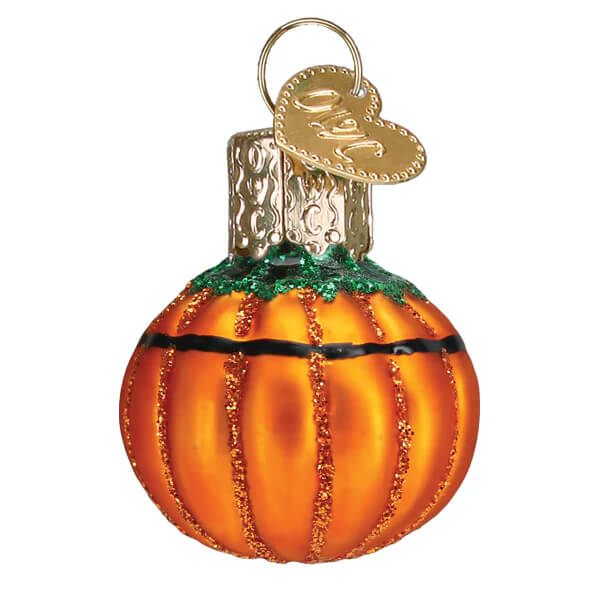 Orange glass mini masked jack o lantern ornament with green glittery stem and gold heart tag perfect christmas glass ornament