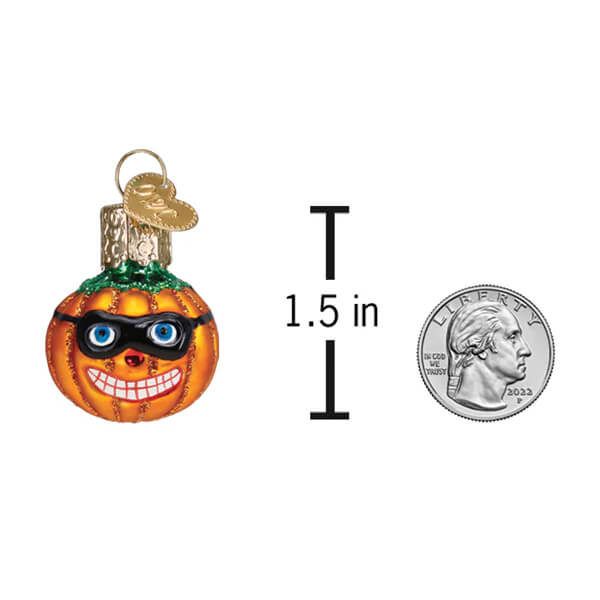 Mini masked jack o lantern orange glass halloween pumpkin ornament with black sunglasses green stem and gold cap
