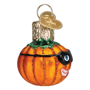 Orange glass mini masked jack o lantern ornament with black eyepatch blue eye and smiling face perfect for christmas decor