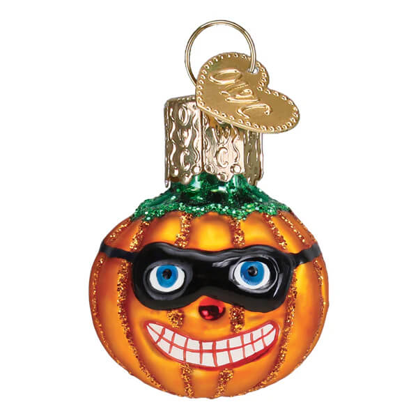 Orange glass mini masked jack o lantern ornament with black sunglasses and blue eyes for christmas decor