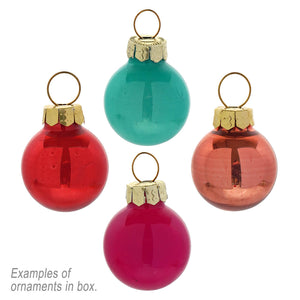 Set of four glossy glass mini merriment multicolored ornaments in red teal and pink with gold caps in a boxed set