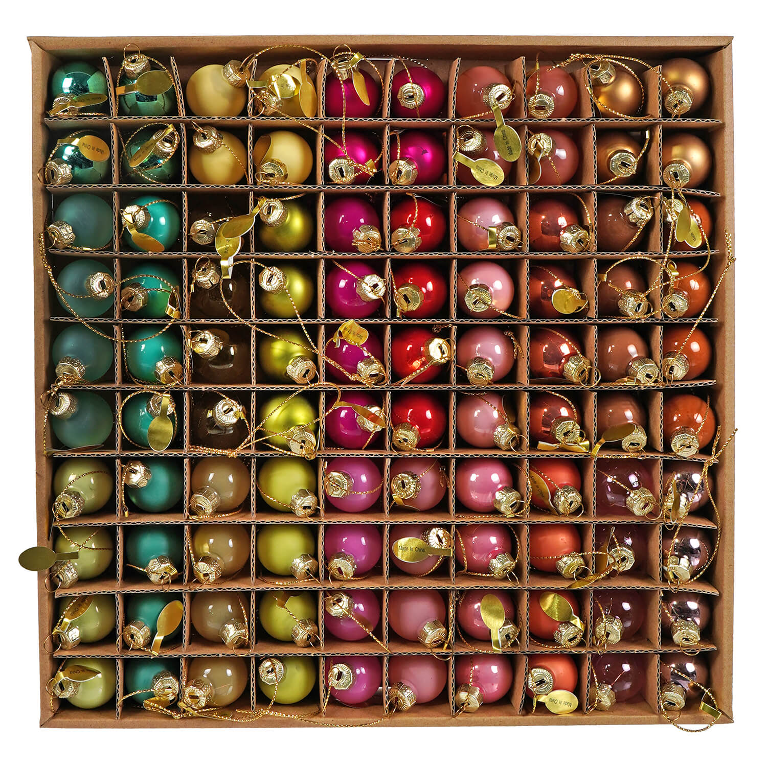 A mini ornament set featuring bright christmas ornaments in metallic and pastel hues in a wooden box display