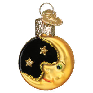 Mini moon ornament featuring a charming golden crescent moon with smiling face and glittery gold accents on black sky