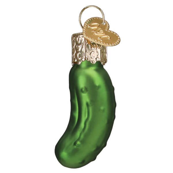 Green glass mini pickle ornament with gold metal cap and heart-shaped tag perfect christmas glass ornament
