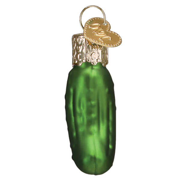 Green glass mini pickle ornament with gold-toned cap and heart-shaped tag perfect as a christmas glass ornament