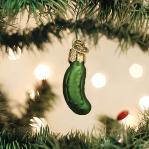 Green glass mini pickle ornament with gold cap and loop christmas glass ornament for festive decor