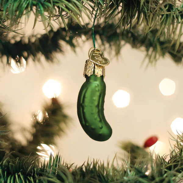 Green glass mini pickle ornament with gold cap and loop christmas glass ornament for festive decor