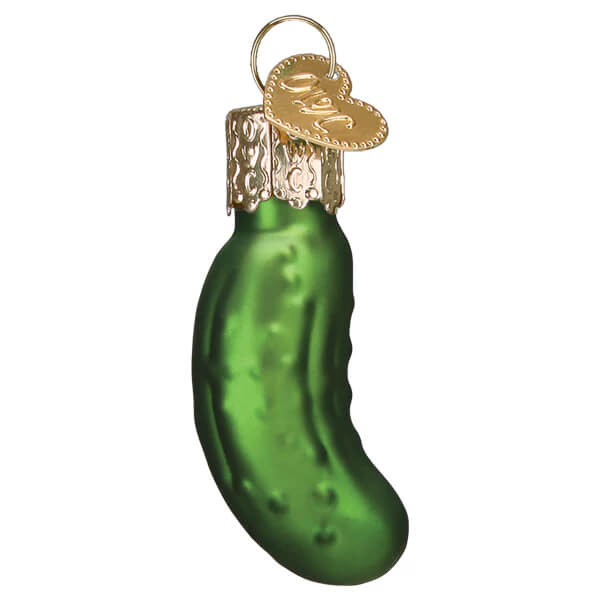 Green glass mini pickle ornament with gold metal cap and heart-shaped tag christmas glass ornament