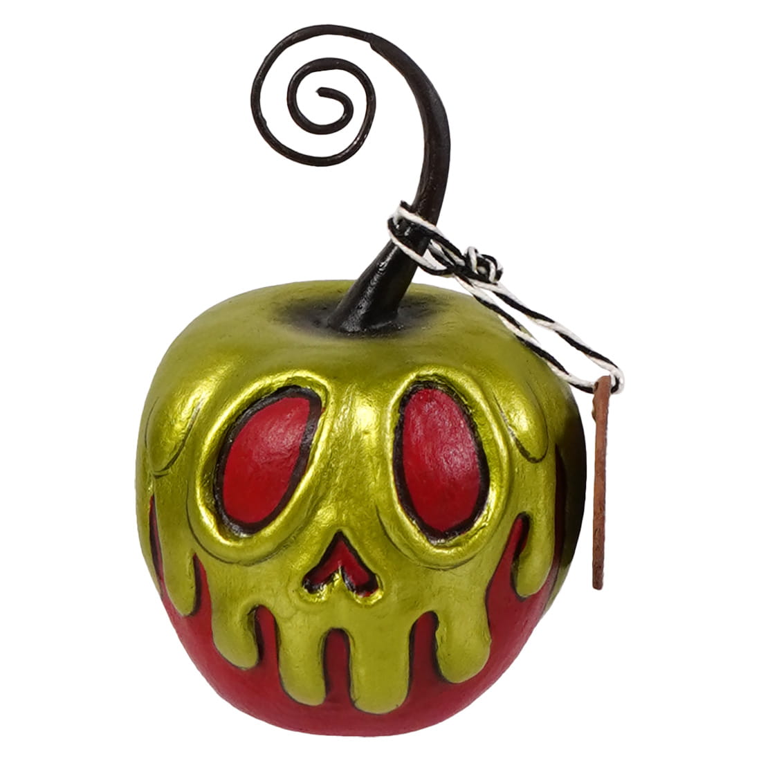 Mini red apple with green poison ornament featuring glossy gold red finish glowing eyes and halloween bucket vibe