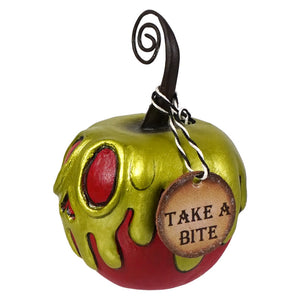 Glossy mini red apple with green poison ornament featuring black twisted stem and take a bite tag for halloween bucket decor