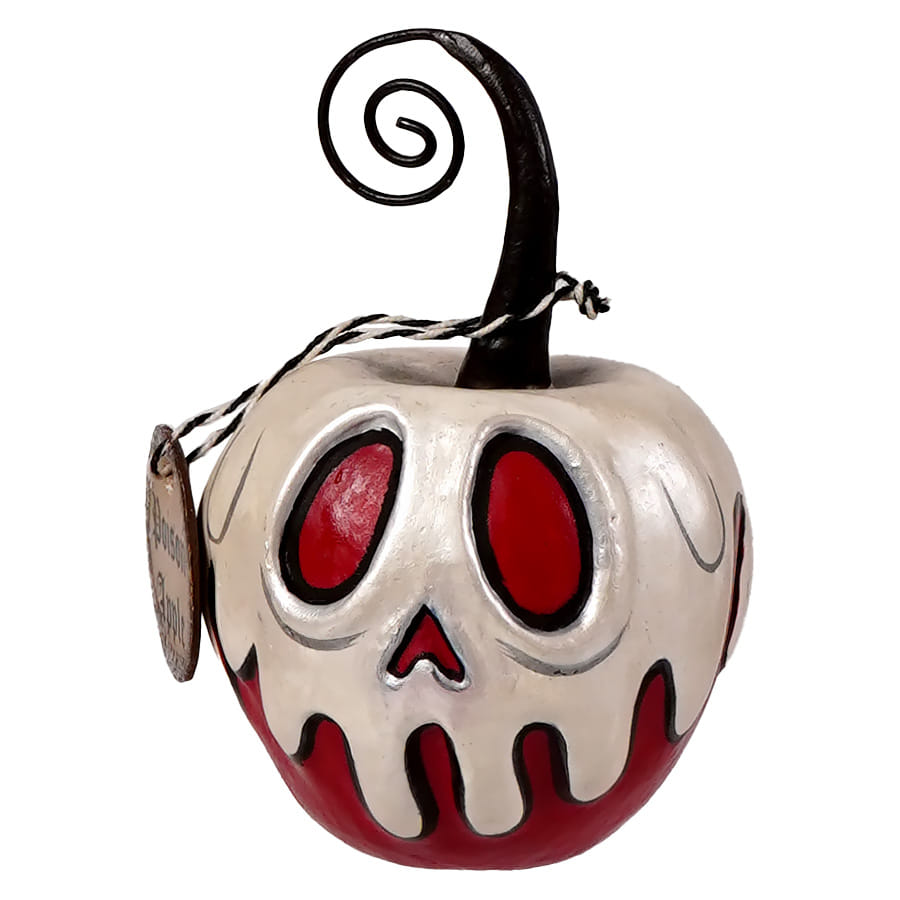 Mini red apple with white poison ornament featuring glowing red eyes and black spiral stem, perfect for halloween bucket decor