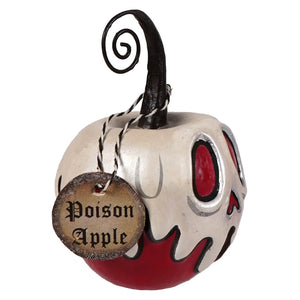 Mini red apple with white poison ornament with black spiral stem and rustic wooden tag for halloween bucket decor