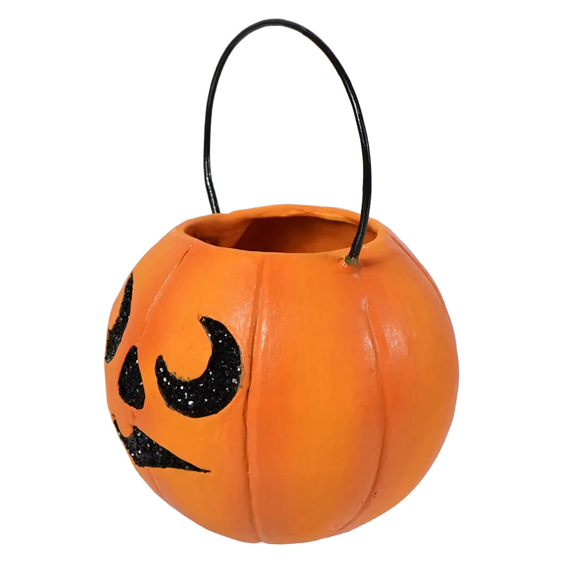Mini scared pumpkin bucket ornament is an orange plastic candy corn pumpkin with black glittery face and wire handle