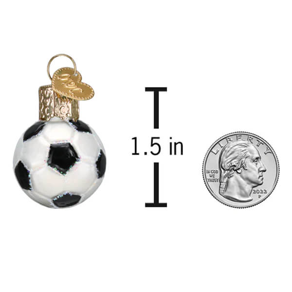 Miniature soccer ball ornament in white and black glass with gold metal cap and heart tag for world christmas ornament