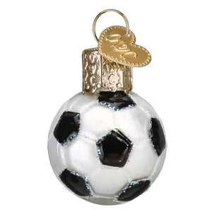 A classic black and white glass miniature soccer ball ornament with gold cap heart tag and glittery trim for christmas