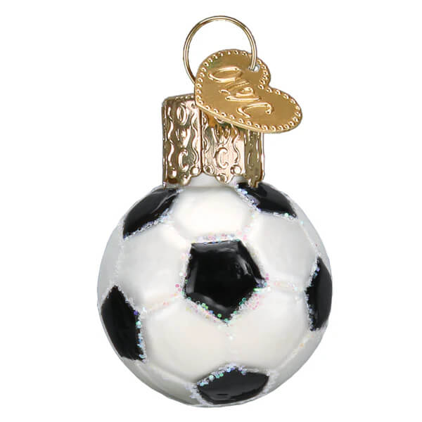 Black and white glass miniature soccer ball ornament with a gold heart tag perfect as a world christmas ornament