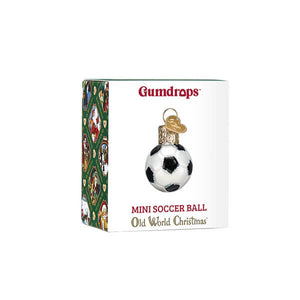 Mini soccer ball ornament with classic black and white panels, clear glass body, and gold-tone cap for world christmas decor