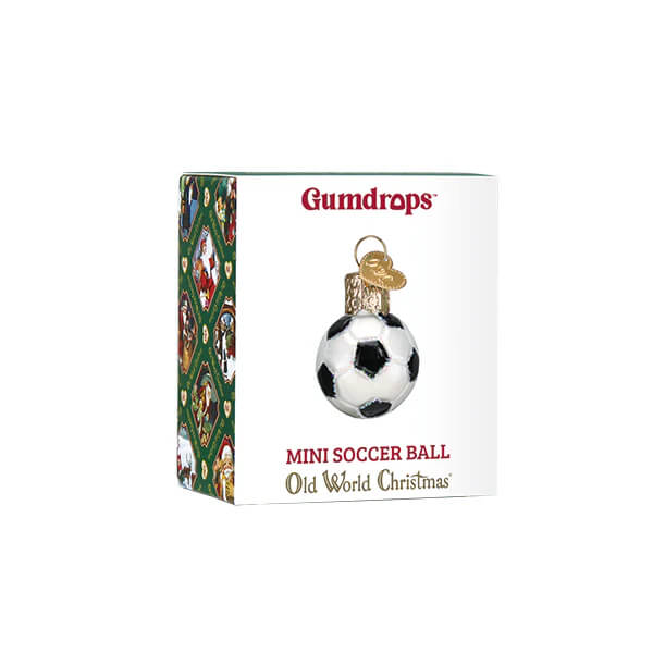 Mini soccer ball ornament with classic black and white panels, clear glass body, and gold-tone cap for world christmas decor