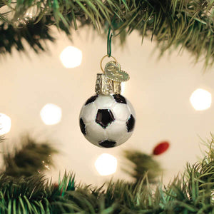 Miniature soccer ball ornament made of glass with black and white pattern silver cap and heart charm on green string