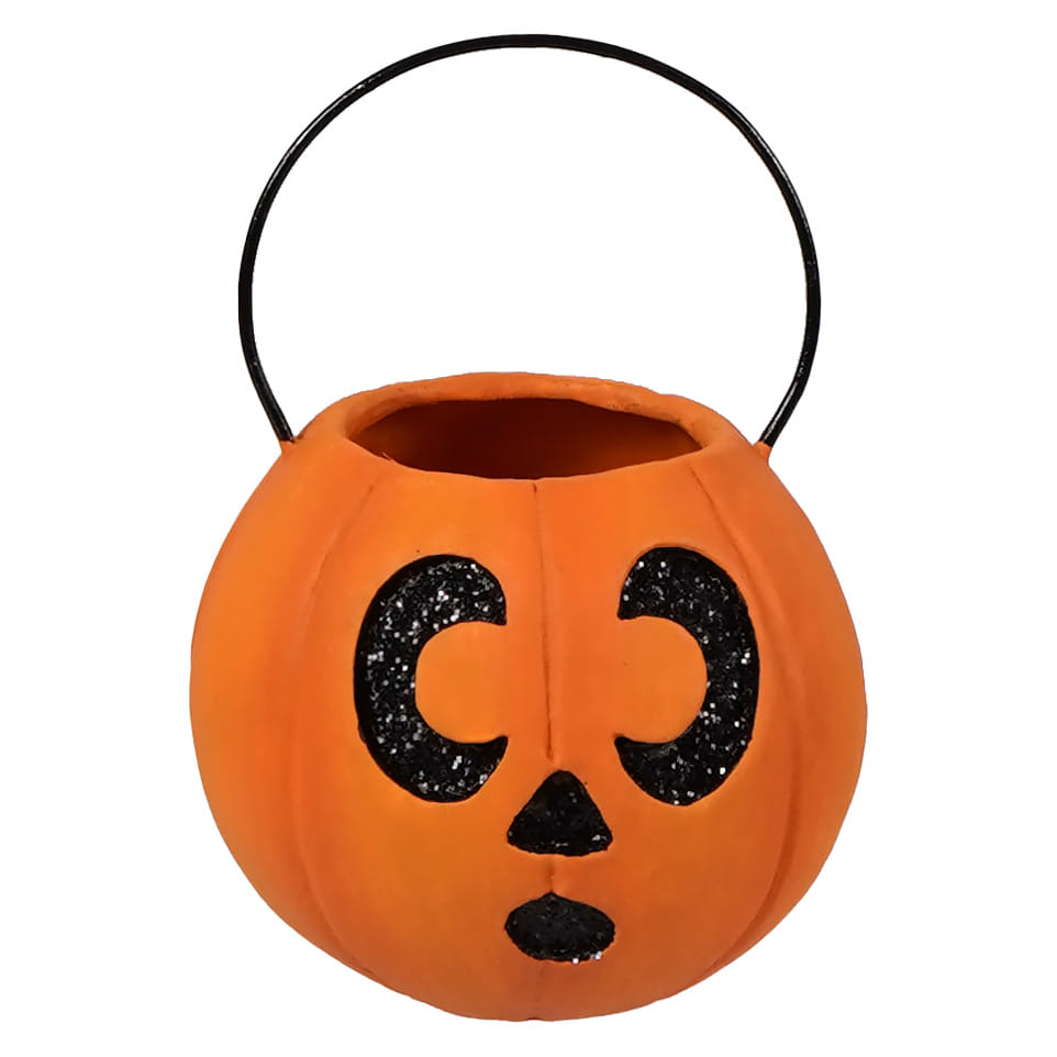 Mini surprised pumpkin bucket ornament in orange plastic with black glittery face and handle candy corn pumpkin style by bethany lowe