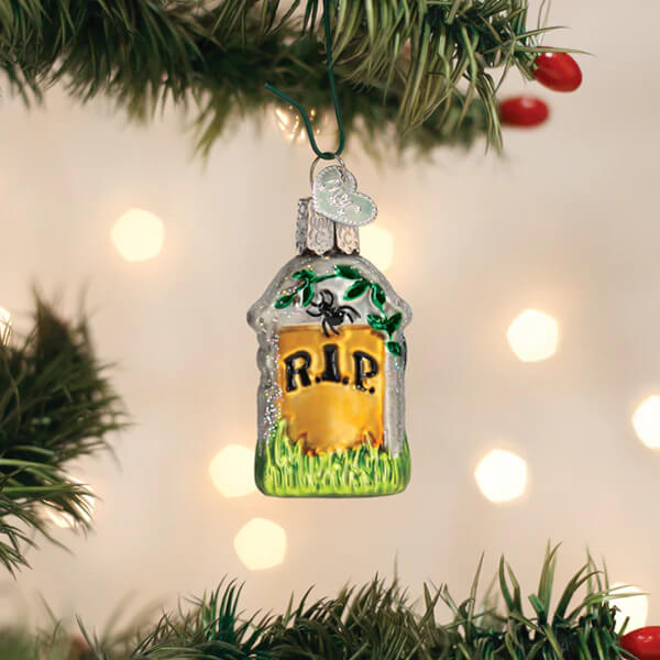 Silver glass mini tombstone ornament with r.i.p black lettering green grass base and engraved spider on ivy for christmas