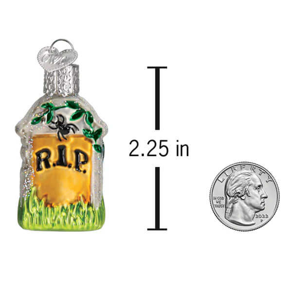 Mini tombstone ornament clear glass halloween grave marker with silver cap green grass and orange r.i.p. plaque