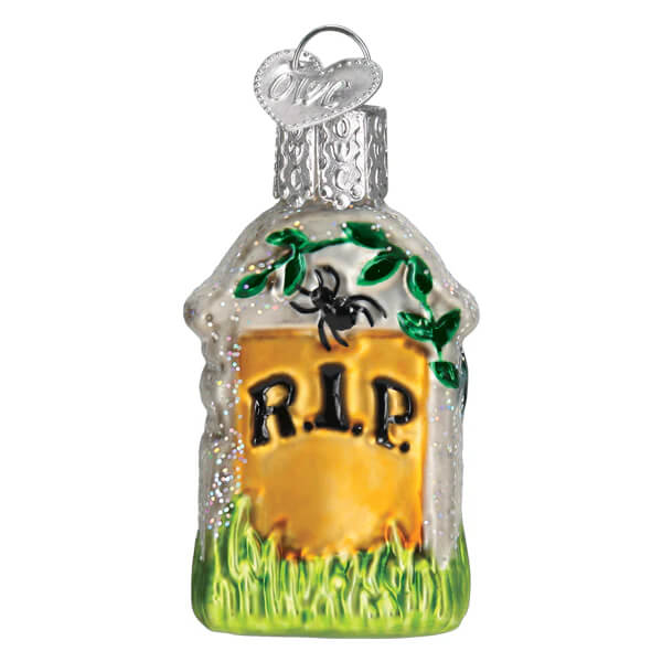 Mini tombstone ornament clear glass halloween grave marker with orange r.i.p plaque, green vines, and silver heart loop