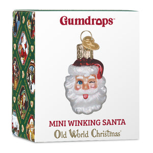Mini winking santa ornament glass ornament with white glittery beard red hat and gold metal hardware perfect for christmas