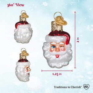 A charming glass ornament of mini winking santa with red hat white beard and blue eyes perfect for christmas decor