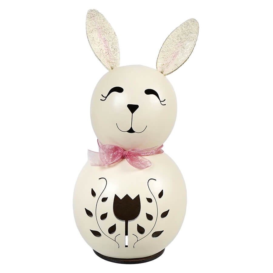 Cream-colored white poppy bunny gourd with pink bow and tulip cutout made from natural gourd with vine details