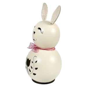 Cream-colored ceramic white poppy bunny figurine with silver ears pink bow and floral cutout poppy bunny gourd design