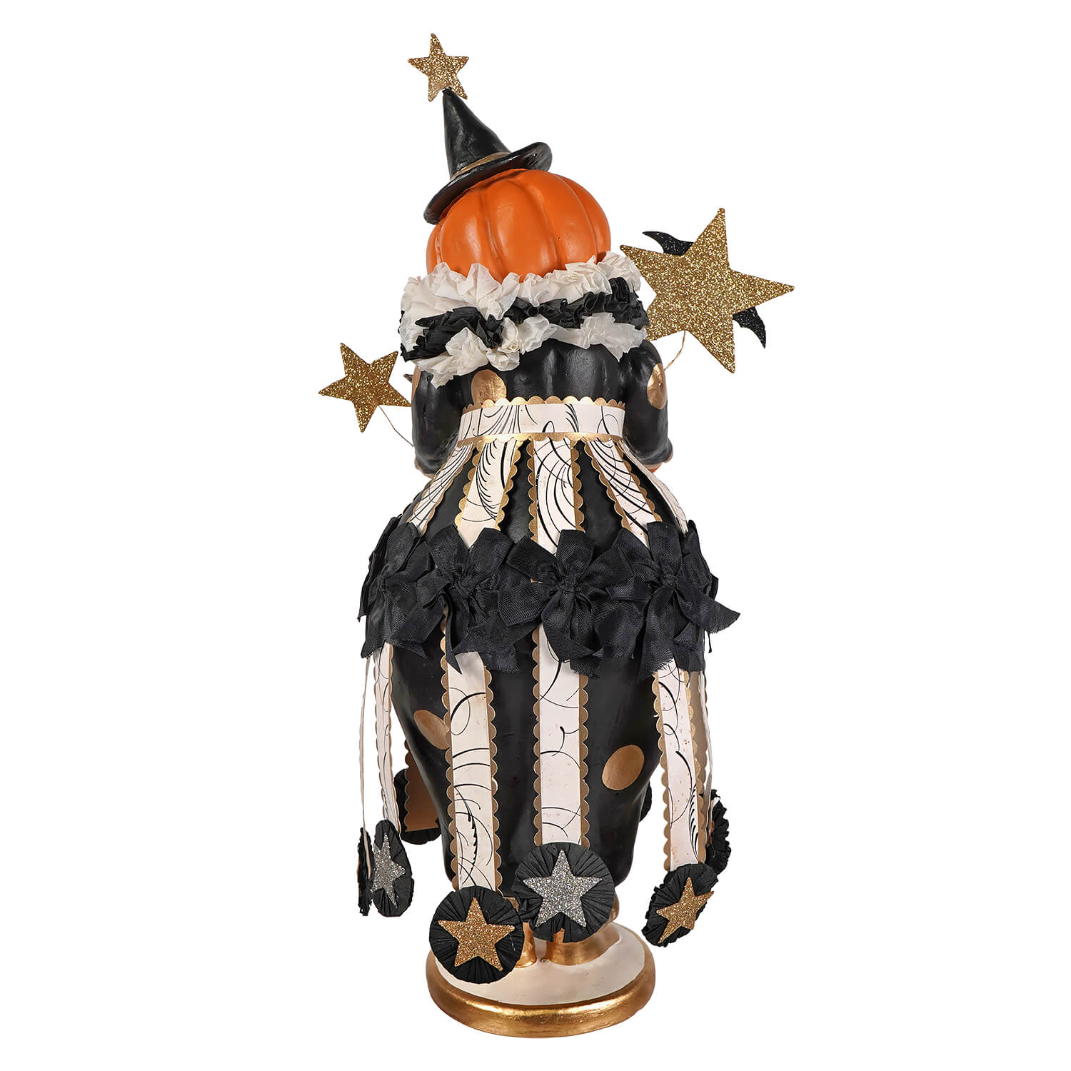 Miss fancy pants jackie is a bethany lowe halloween figure with a black and white striped jack o lantern design and gold bows