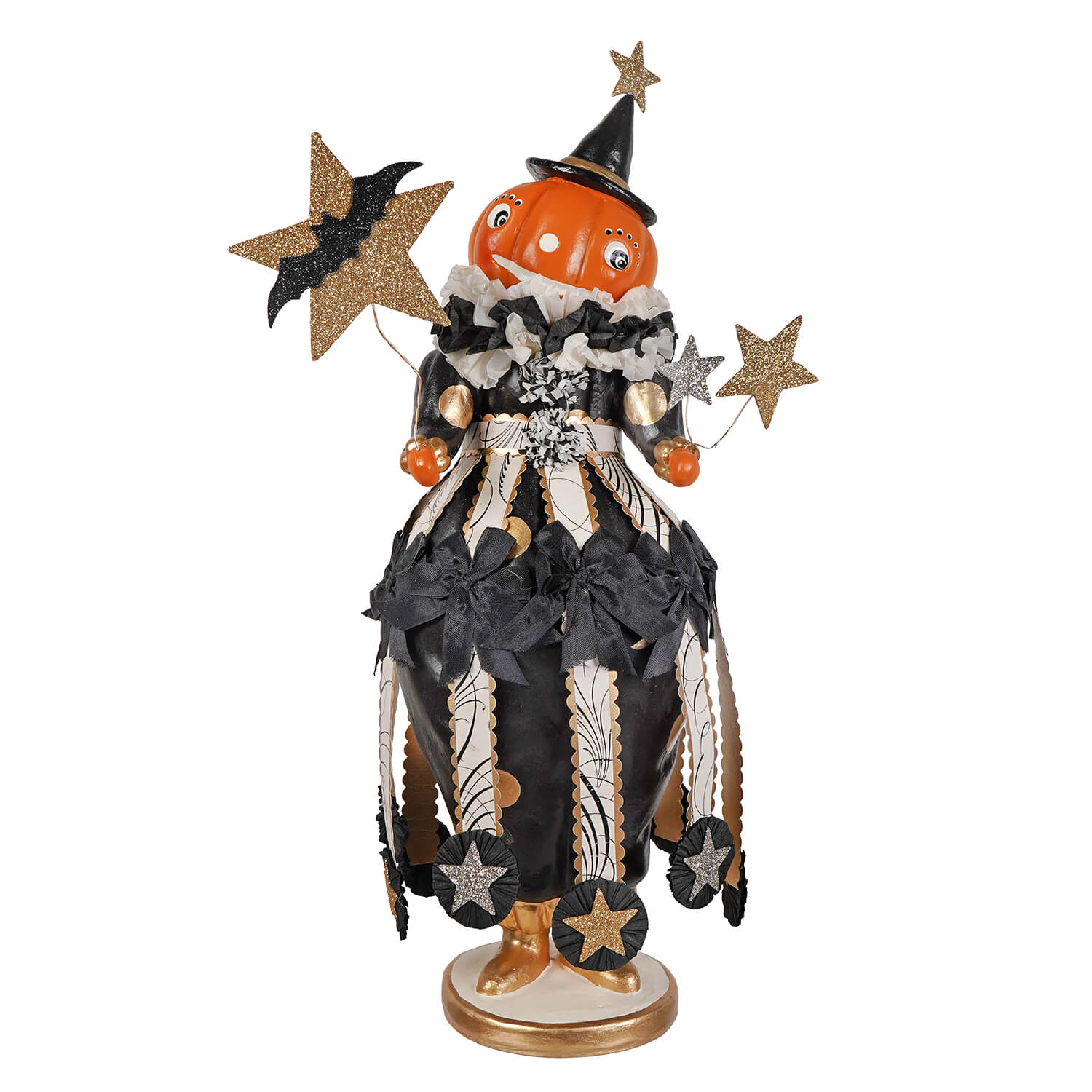 Ornamental halloween witch figurine miss fancy pants jackie with a jack o lantern head and striped star dress by bethany lowe halloween figures and dolls