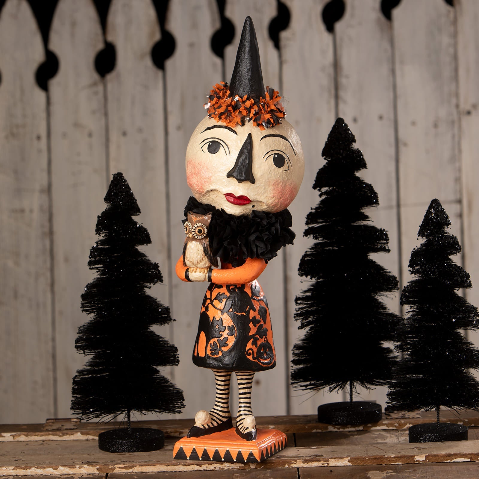 Miss moon bethany lowe halloween witch figurine with black hat orange flowers orange dress and owl in hand