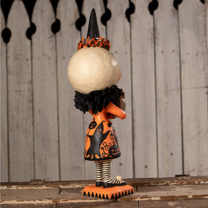 Miss moon whimsical halloween witch figurine with white skull head black hair orange dress by bethany lowe halloween