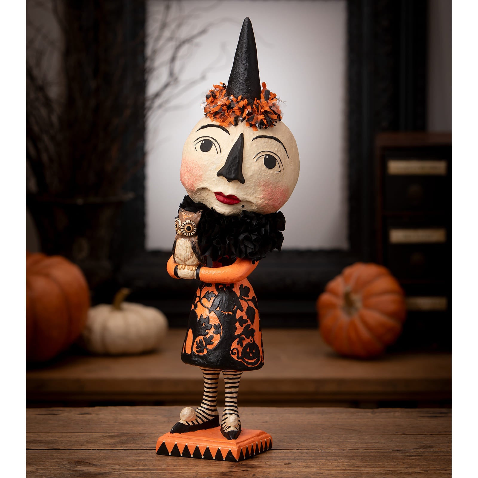 Whimsical bethany lowe halloween miss moon witch figurine with black hat orange black dress and striped stockings