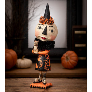 Whimsical bethany lowe halloween miss moon witch figurine with black hat orange black dress and striped stockings