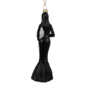 Back view of cody foster morticia addams glass ornament black glass mermaid with white glitter accents on tail and back