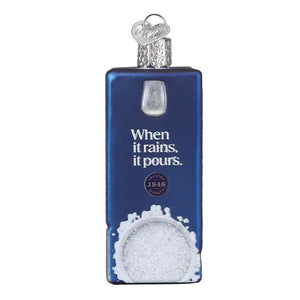 Blue glass morton kosher salt box ornament with silver glitter rain and white text perfect figural decor or lighted decor