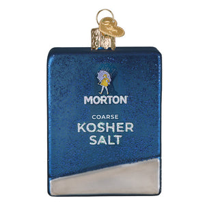 Blue glittery glass morton kosher salt box ornament with gold loop and heart tag perfect figural decor or lighted decor