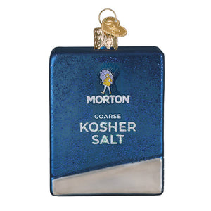 Blue glittery glass morton kosher salt box ornament with silver base and gold loop figural decor and lighted decor